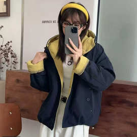 连帽棉衣秋冬百搭撞色加棉冲锋衣短外套拼色连帽ins休闲韩版外套