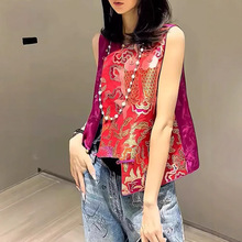 新中式复古国风2025新款今年流行玫红色拼接盘扣外穿马甲夏季女装