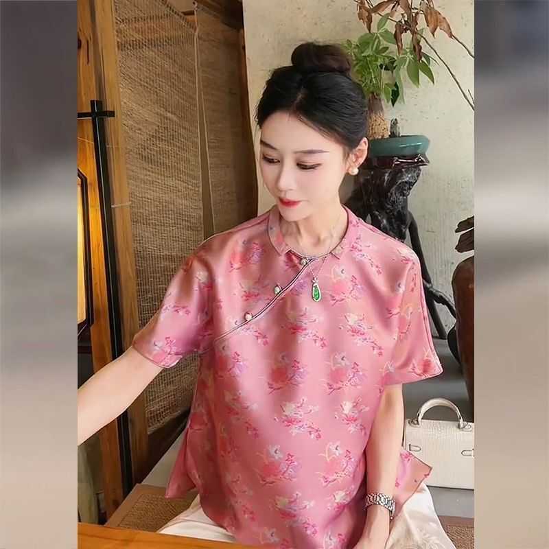 新しい中国風の婦人服 2025 夏服ユニークでシックな唐装中国風ピンク半袖シャツハイエンド宋錦トップ|undefined