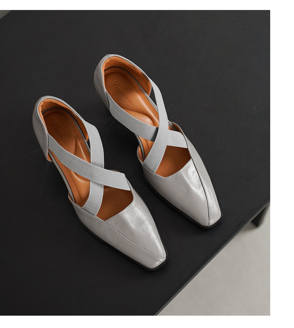 Sandal cao gót nữ da cừu mũi trùm cổ điển, gót vuông ổn định, quai thun co giãn — đen chi tiết 16
