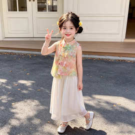 女童新中式套装夏装2026新款儿童盘扣国风上衣女孩阔腿裤两件套