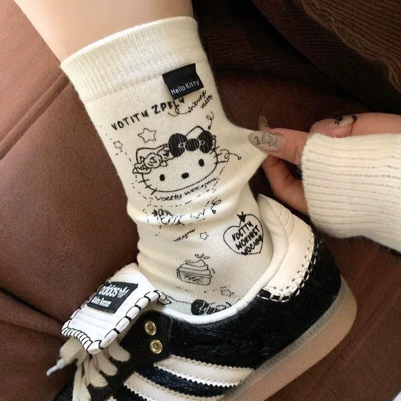 Средние носки hellokitty милые серые женские длинные носки Осень, зима, весна и осень, прилив, японский с моральной обувью