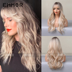 European and American white style Amazon cross-border foreign trade exclusive air bangs gradient golden large wavy long curly hair wig