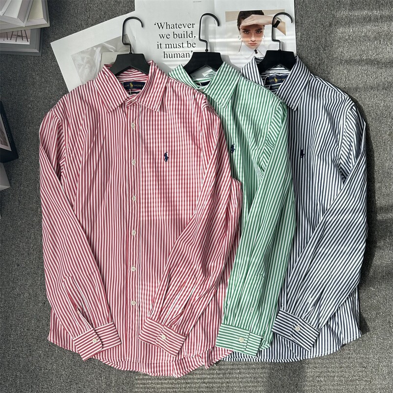 Spot Raff Stripesd Shirts for Men and Women, Same Style R Pony Logo Embroider, Fashionable and Versatile Polo Collar Shirts
