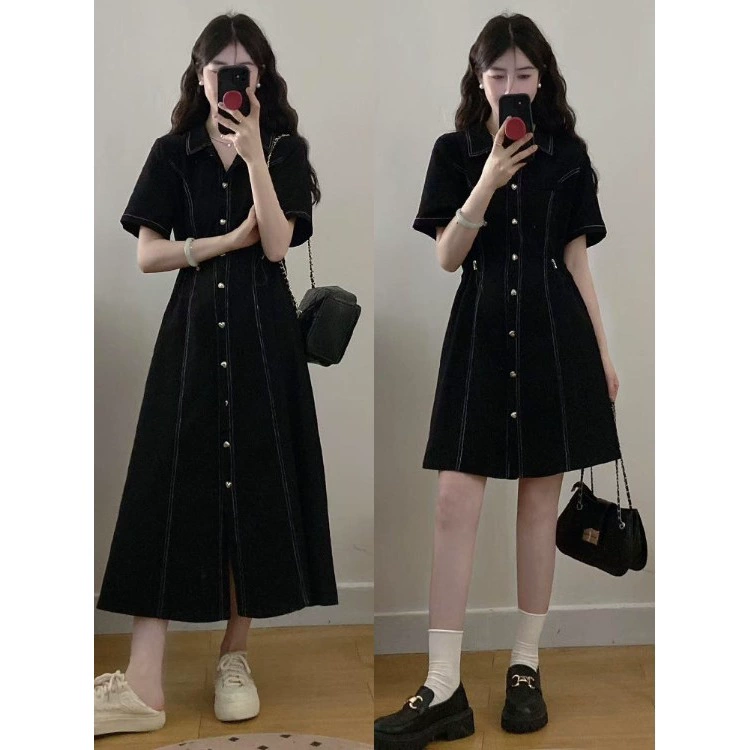 Платье больших размеров в стиле ретро, ​​слегка полное, с короткими рукавами, женская летняя джинсовая юбка в форме груши, толстая юбка для похудения, закрывающая живот