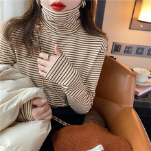 厂家直销双面德绒堆堆高领打底衫女秋冬内搭加绒加厚条纹T恤长袖