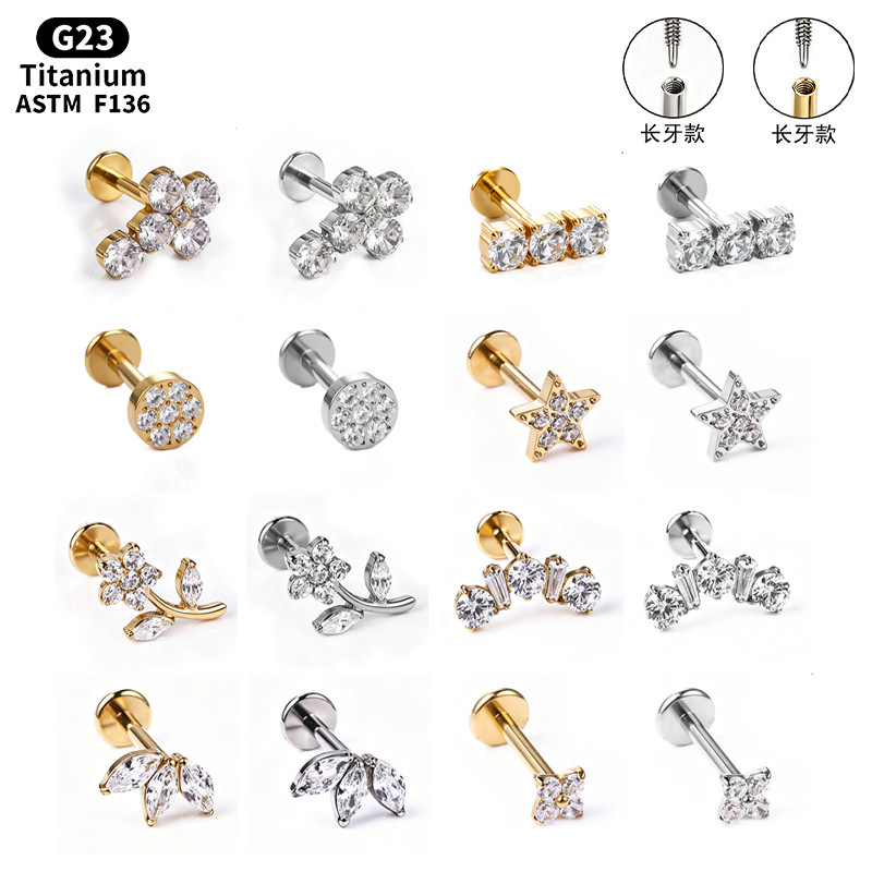 F136 Titanium Alloy Long Tooth Style Ear Studs, Finely Carved Ear Bone Studs with Zircon, Lip Studs, G23 Titanium Body Piercing Jewelry detail image 20