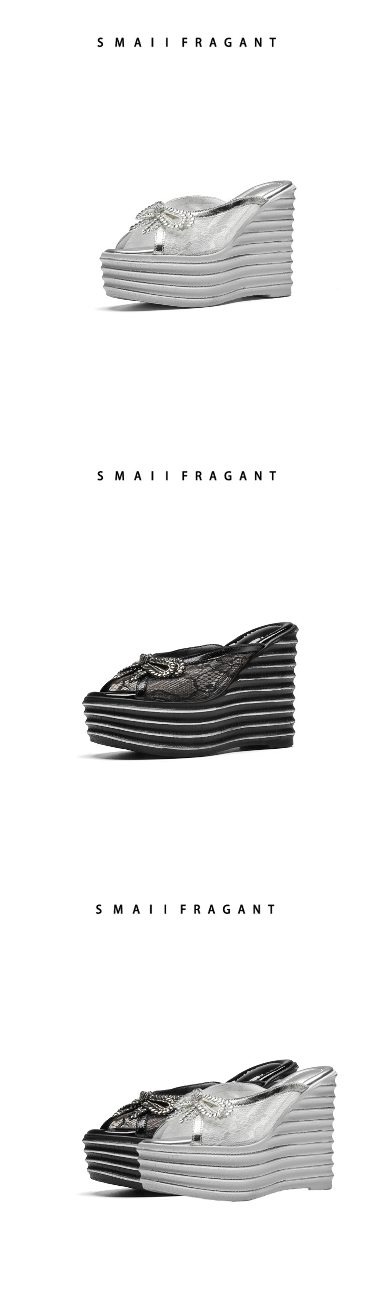 Sandal cao gót nữ đính đá, gót 12 cm, quai ngang nơ voan lưới, đế xuồng — màu đen chi tiết 6