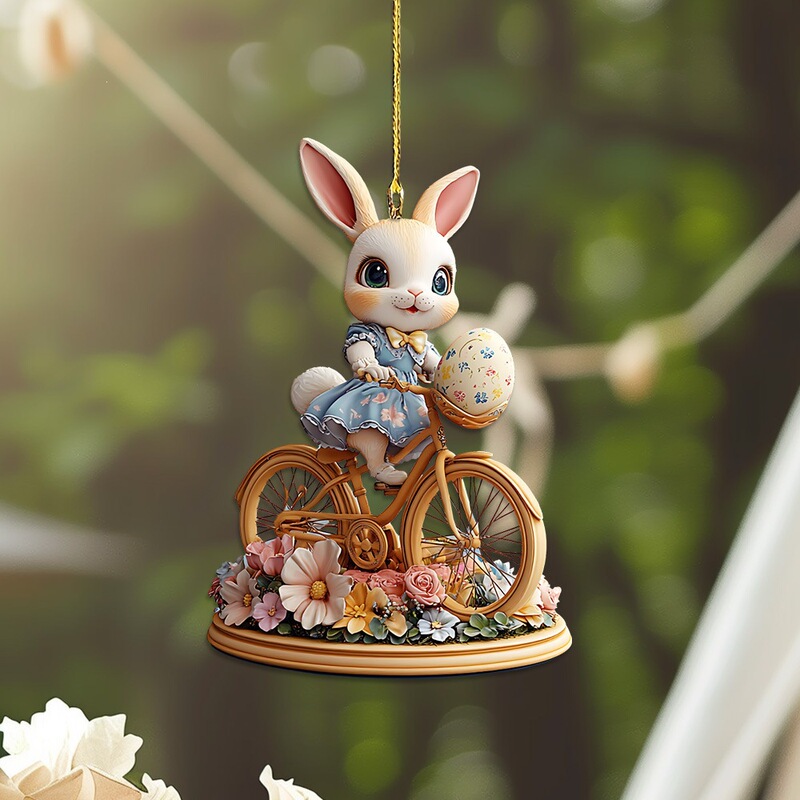 Easter Cute Cycling Bunny Acrylic 2D Keychain Car Rearview Mirror Accessory Backpack Small Pendant Easter Cute Cycling Bunny Acrylic 2D Keychain Car Rearview Mirror Accessory Backpack Small Pendant