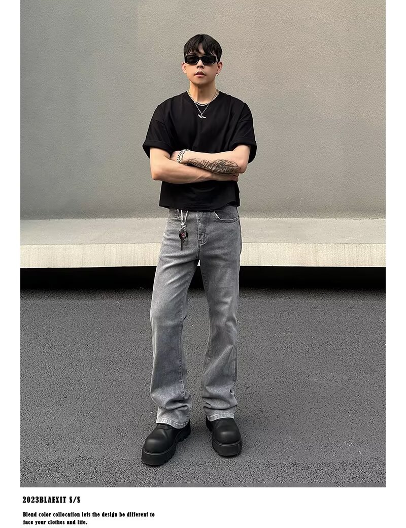 Men's Gray American Streetwear Vintage Wash Flared Jeans, Relaxed Fit Bootcut Denim Pants With Distressed Details For Urban Fashion_mkmklike.com