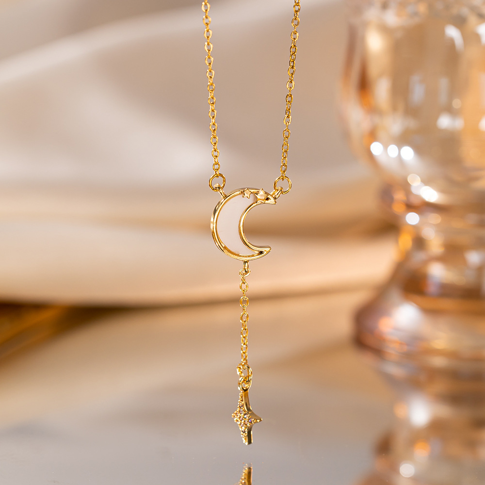 Holiday, Daily Occasion Titanium Steel, Copper Material Titanium Steel Copper Casual Simple Style Inlay Star Moon Shell Zircon Pendant Necklace