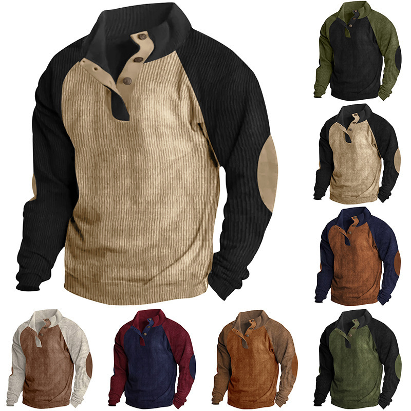New Autumn and Winter Cross-Border European Size Casual Stand-Up Collar Loose Men's Outdoor Raglan Sleeves Corduroy Color-Blocked Sports Sweatshirt New Autumn and Winter Cross-Border European Size Casual Stand-Up Collar Loose Men's Outdoor Raglan Sleeves Corduroy Color-Blocked Sports Sweatshirt