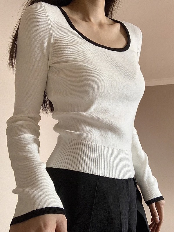设计感小众正肩长袖上衣恤女春秋季薄款修身白色内搭针织打底衫|undefined