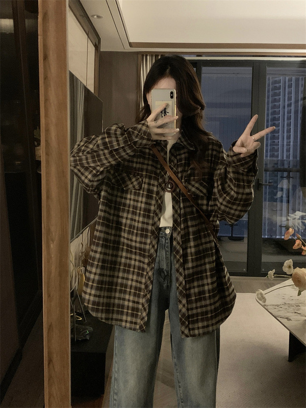 法式格子中长款长袖衬衫女初秋韩系穿搭薄款开衫衬衣外套外搭上衣|undefined