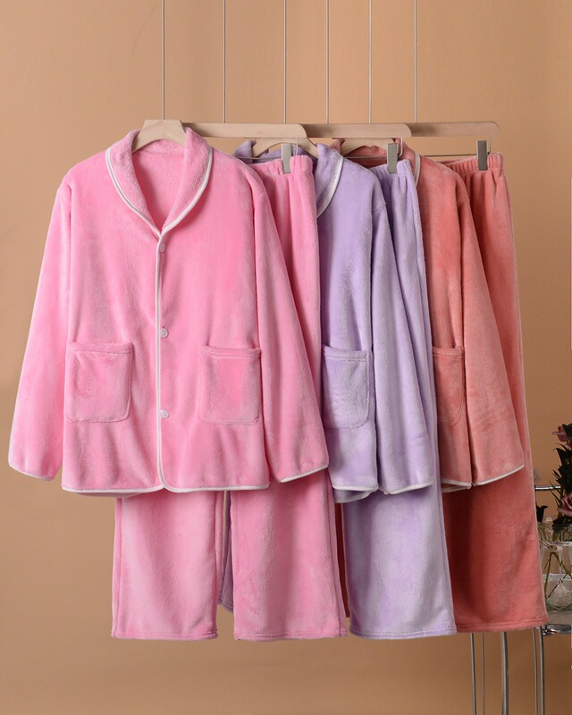 New Winter Season Lapel-Style Loose Casual Pajamas for Young and Middle-Aged Women, Warm Thickened Flannel Loungewear Set