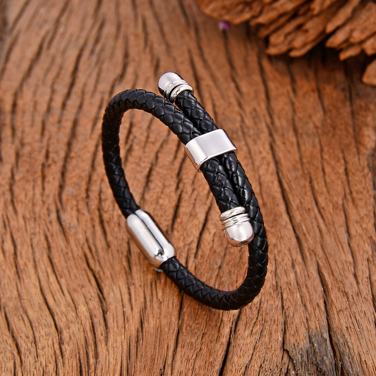 Holiday Occasion Retro Punk Solid Color 304 Stainless Steel Pu Leather Men's Bangle Men Cord & Leather Bracelets