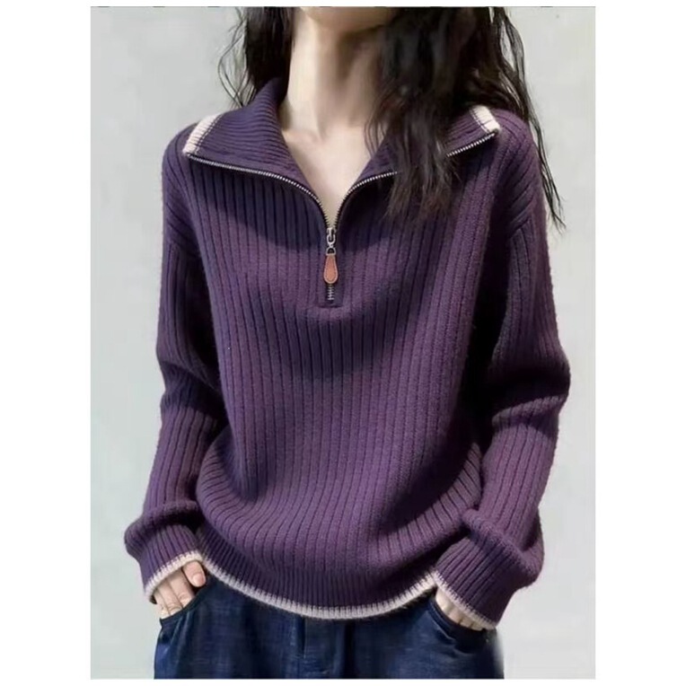 2026 Korean-style half-zip collar sweater for women, new spring and autumn loose casual versatile long-sleeve knit top