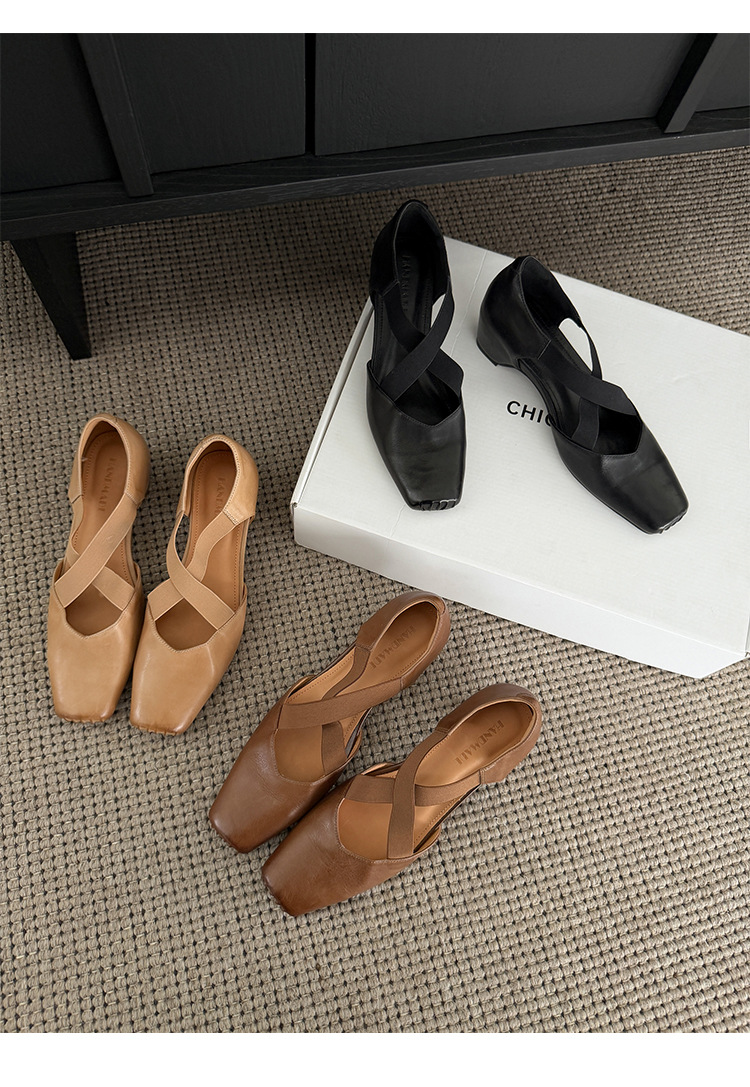 Giày Mary Jane nữ mũi vuông quai chéo kiểu ballet cổ điển, gót vừa — màu nâu chi tiết 22