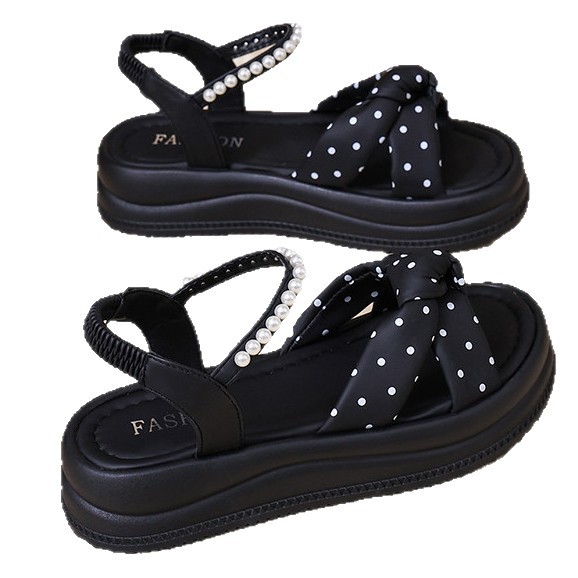 Sandalias de punto de onda de alta calidad de fondo grueso para mujeres de verano 2026 nuevo vestido con faldas de chicas sandalias de lazo de arco