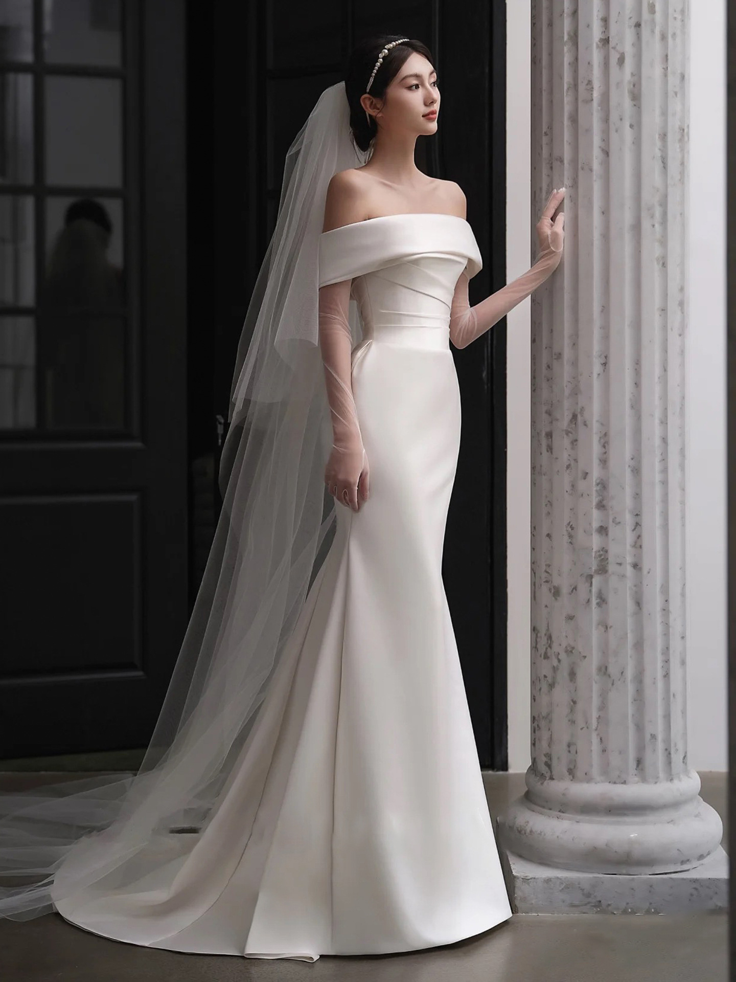 Comercio exterior satén ligero vestido de novia 2025 nuevo vestido principal un hombro vestido de cola de pez simple hilo D119 image 1