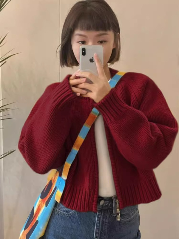 蓝色毛衣外套女针织开衫软糯复古国潮牌秋季外穿拉链上衣通勤卫衣|undefined