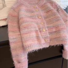 小香风粉色条纹毛衣外套女春秋冬季慵懒风马海毛短款针织开衫上衣