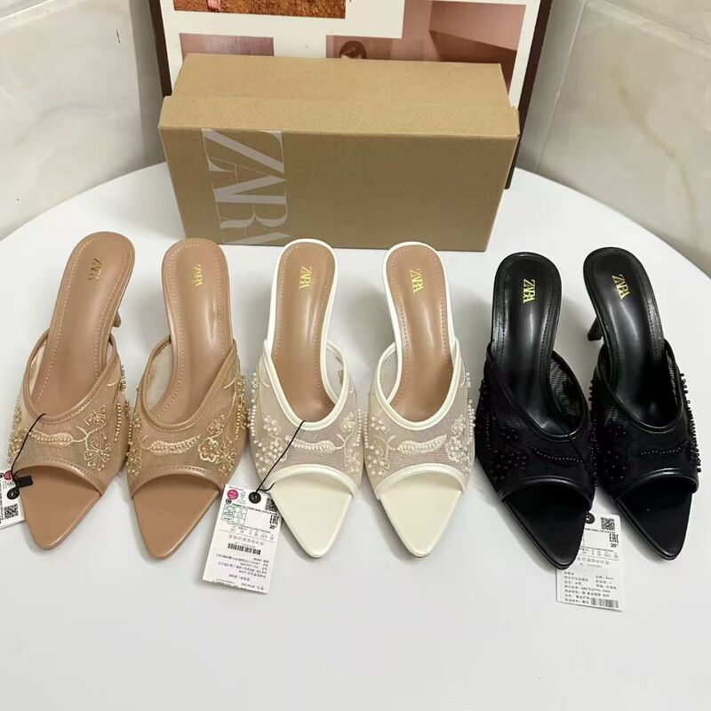 Za2025 New Autumn Style Open-Back Fashion Versatile Stiletto Heels Peep-Toe Embroidered Beaded Mesh Sandals