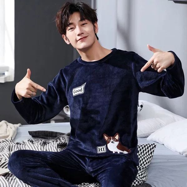 Source Factory Takes a Large Number of Orders for Men's Pajamas Autumn and Winter Coral Velvet Thickeneded Cartoon Flannel Home Clothes Set