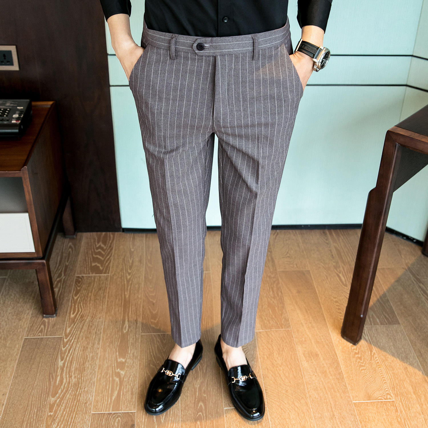 Wholesale Men's Dress Pants Slim Fit Striped Trousers Drape Casual Slim Fit Business Pants