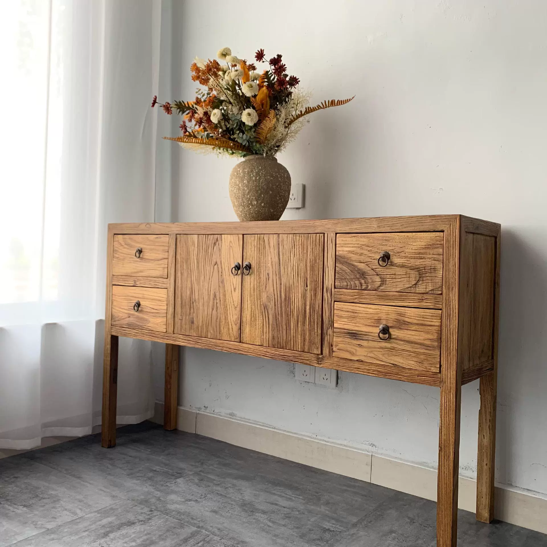 家用老榆木玄关收纳柜高脚柜新中式家用入户双开门自然纹理餐边柜