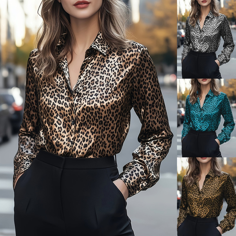 Independent Station Wish Amazon Hot Style Autum New Satin Printed Long-Sleeved Shirt for Women