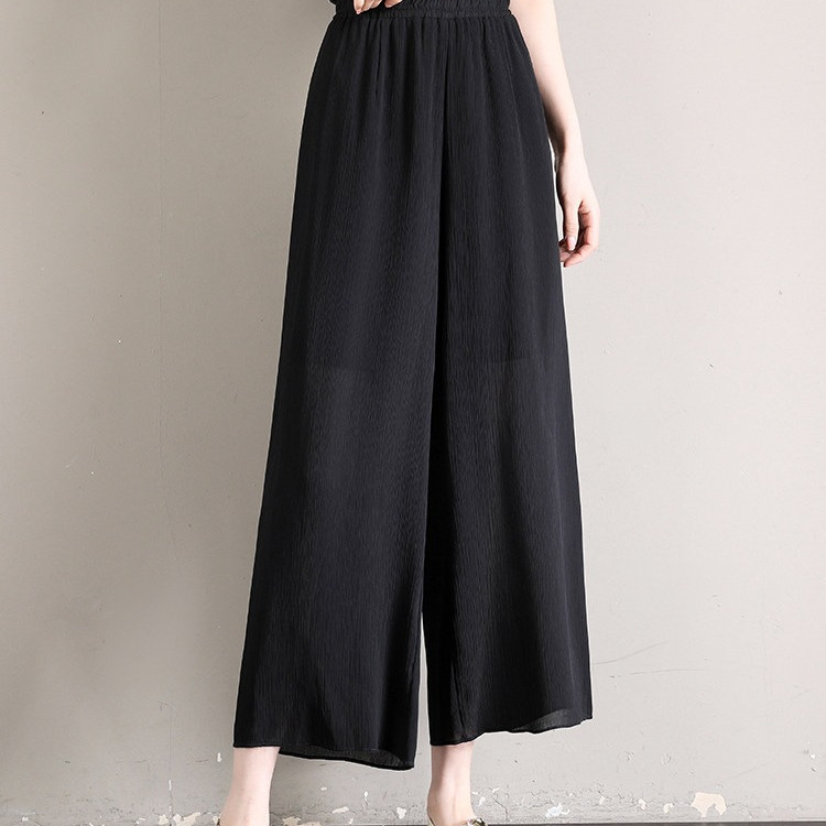 Women's chiffon wide-leg pants, high-waisted, nine-tenths length, drapey, summer thin style, flowy straight-leg ice silk skirt-pants, three-tenths length casual gauze pants