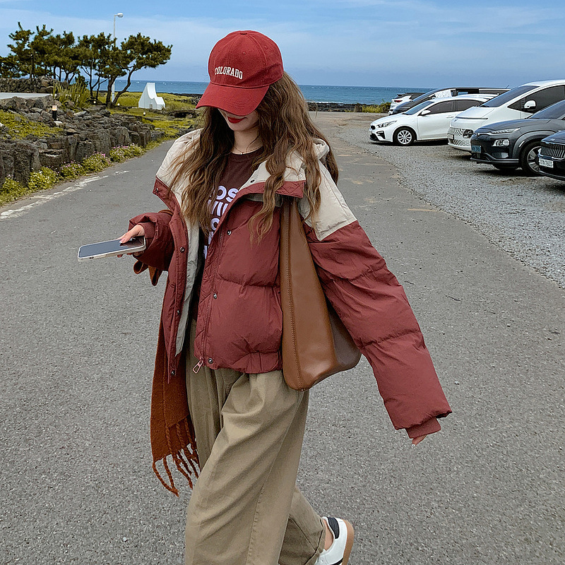 Color contrastante ropa de algodón de pluma para mujeres corto 2024 chaqueta de algodón pequeño chaqueta de invierno chaqueta de algodón coreano chaqueta de pan chaqueta de algodón