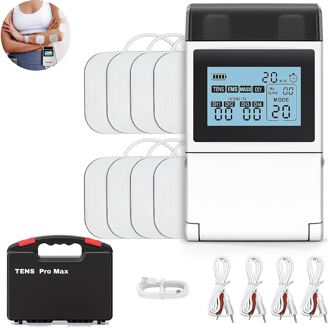 Masaje de pulso del estimulador muscular Tens EMS de modo 60 con Perilla DIY ajuste de pantalla portátil de cuatro canales