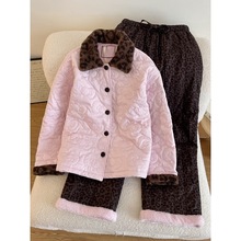 甜美少女豹纹KT猫夹棉棉服睡衣女秋冬款舒适保暖翻领家居服套装冬