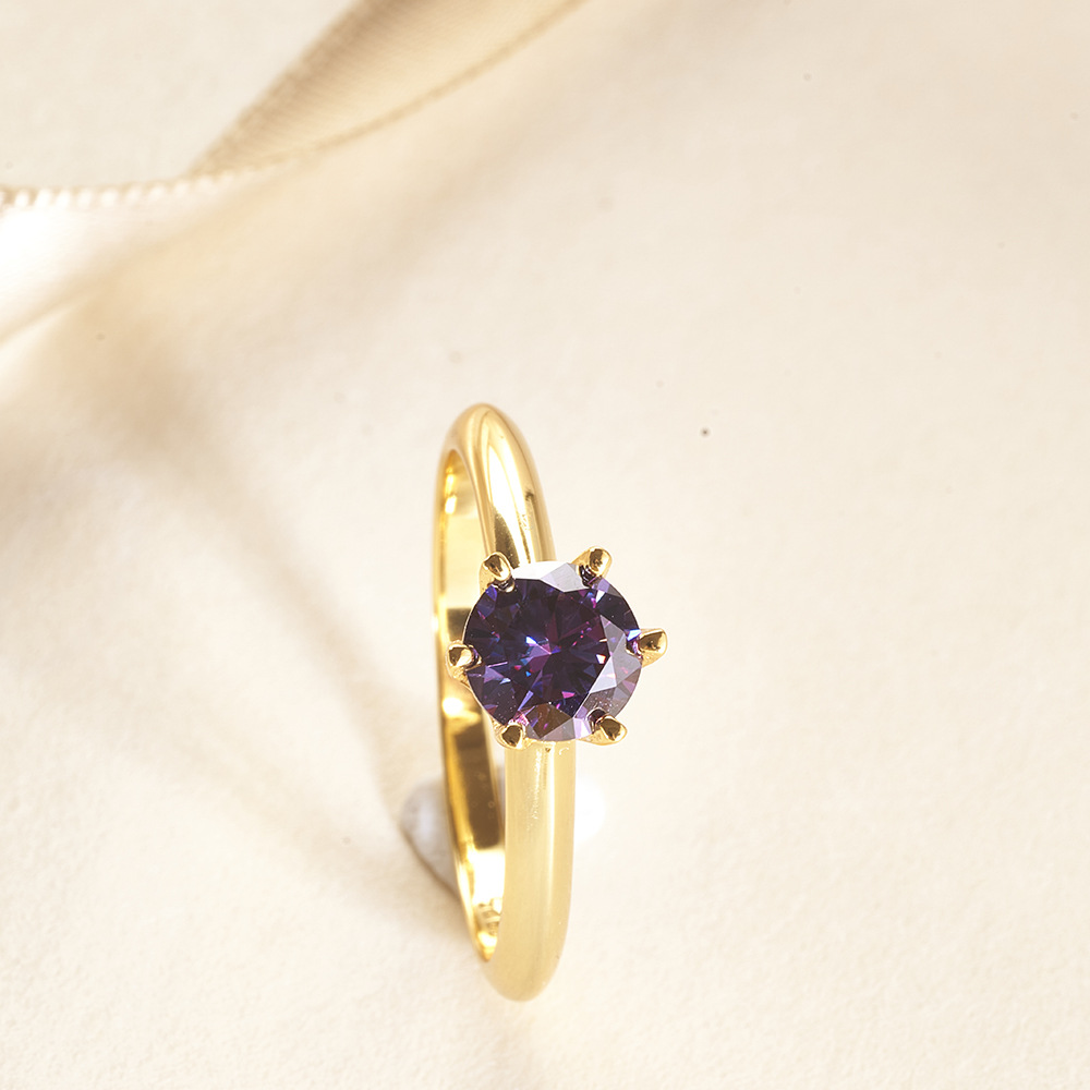 Clásico de seis garras 1 / 2 / 3 quilates de importación de Estados Unidos galvanizado azul púrpura anillo de diamante de oro 18K anillo de color