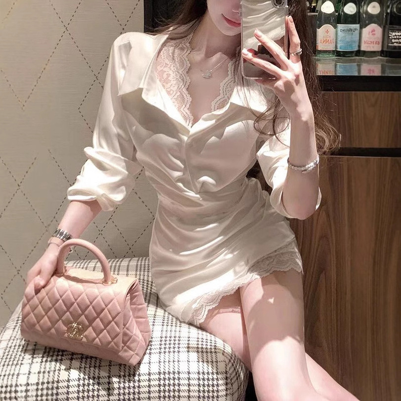 Soft Mist 2025 New Spring Dress Elegant Sexy Lace Shirt Skirt Satin dress Women