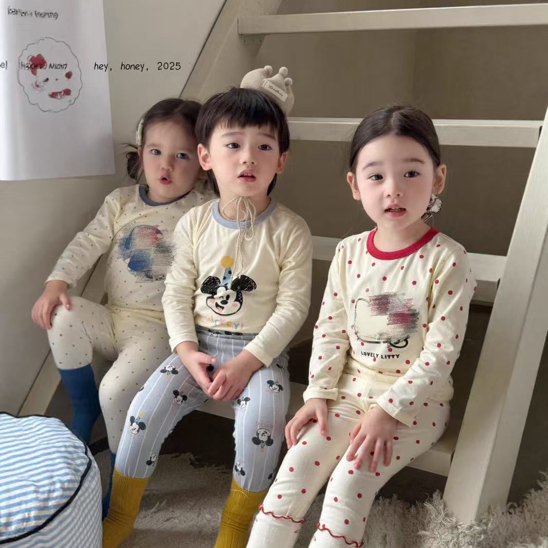 Big and Small Roll Heyhoney25 Lycra Cotton Boys and Girls Autumn Clothes Intimates Printed Home Clothes Pajamas Two-Piece Set