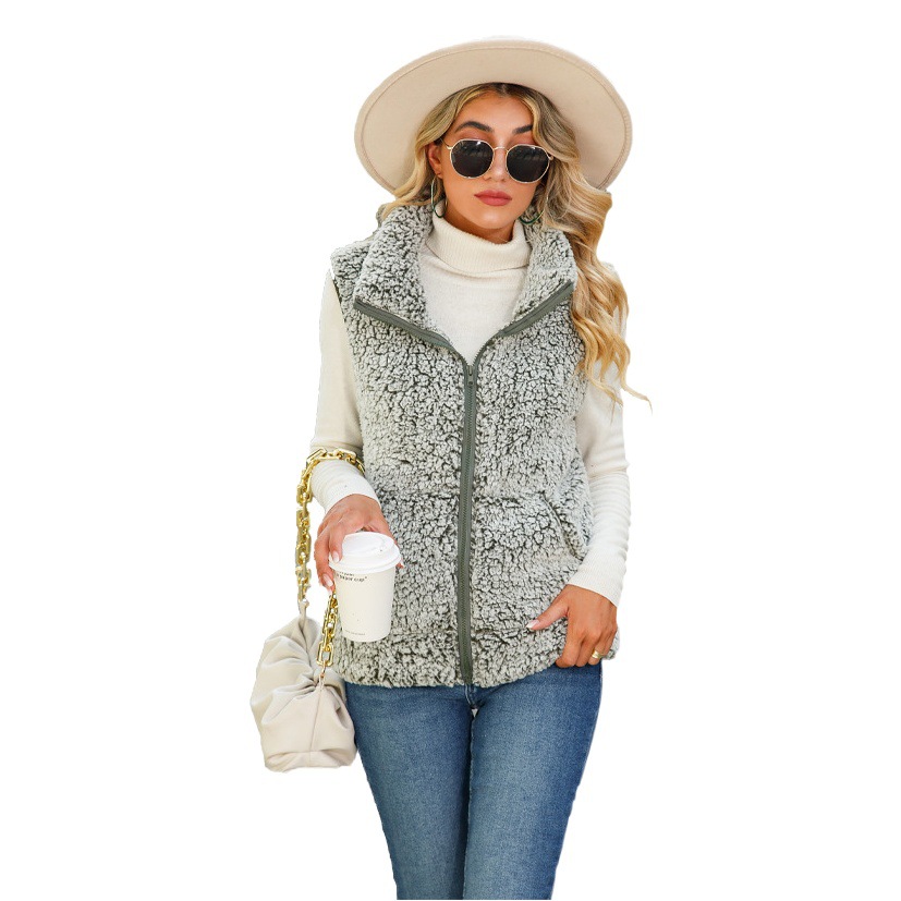Flash terciopelo europeo y americano casual otoño mujer cuello redondo manga larga cremallera no planchado desvanecimiento tratamiento burbuja terciopelo Chaleco de mujer image 1