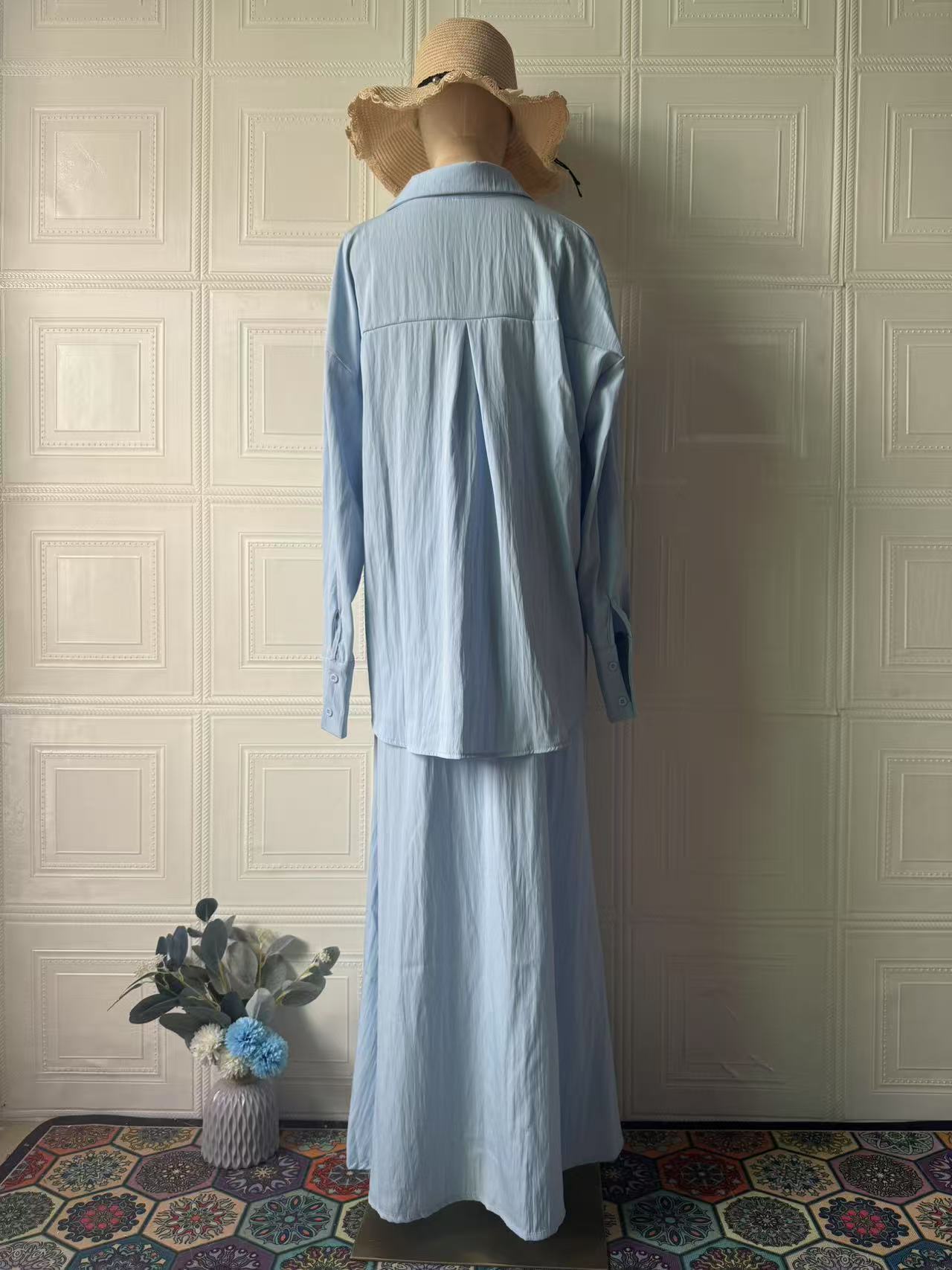 2025 European American Women's Fashion Cross-border Solid Color Elegant Gentle Long-sleeve Top And Long Skirt_ecoleips.com