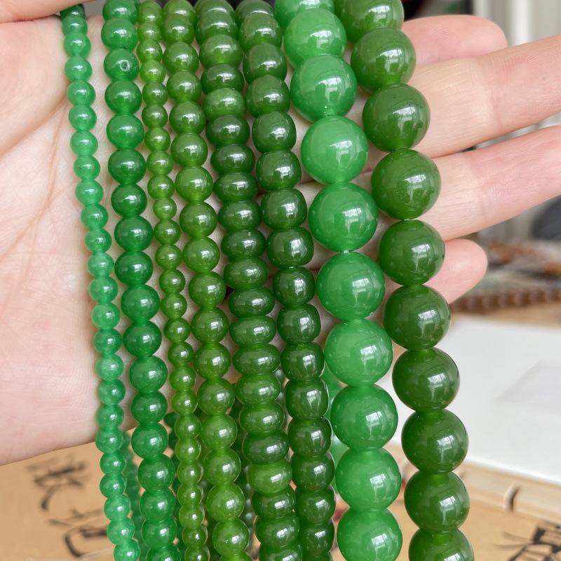 阳绿色玉石散珠石英岩玉辣绿色圆珠老型珠diy珠串半成品材料批发