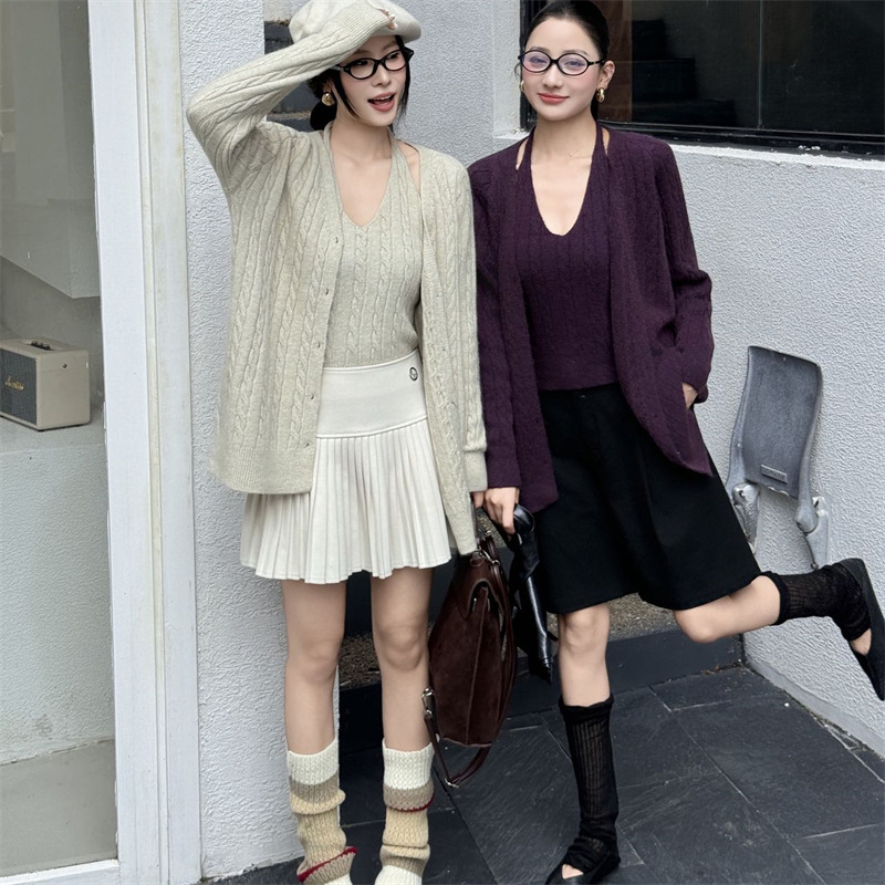韩版麻花针织两件套女秋冬新款圆领吊带背心配中长款毛衣开衫外套|undefined