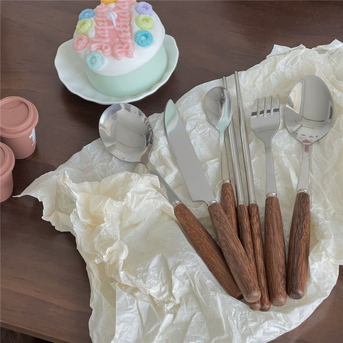 Korean retro ins style wooden handle chopsticks knife fork spoon tableware set household rice spoon coffee spoon
