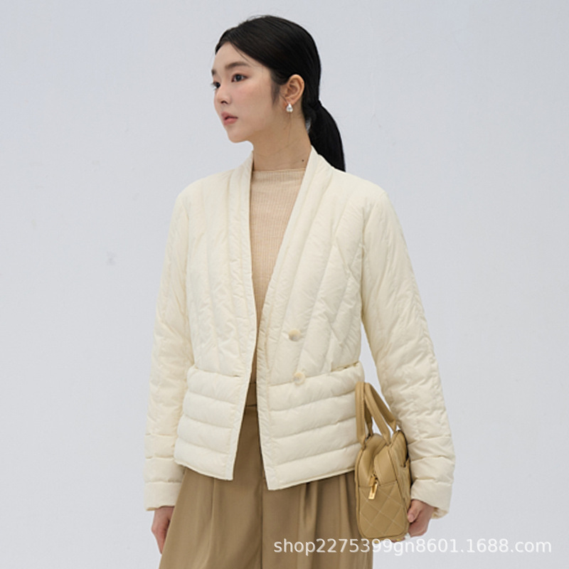 Cross-Border New White Duck down Jacket for Women, Short, Lightweight, Korean Style, Warm, V-Neck, Long-Sleeved Jacket