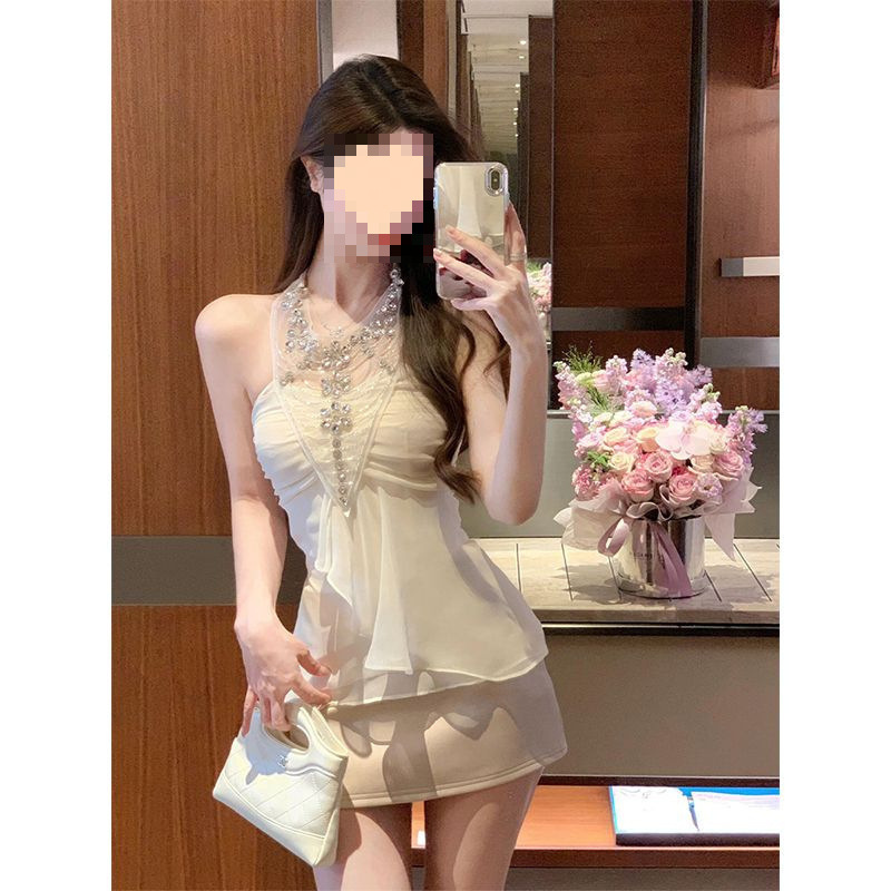 套装女2025夏季新款甜辣修身气质挂脖上衣+高腰显瘦半身裙两件套|undefined