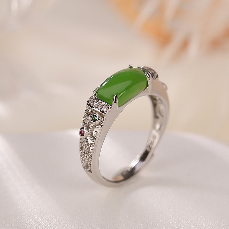 Nhẫn bạc S925 mạ vàng đính đá Hetian jasper rỗng cá tính — Kiểu mạ bạch kim, Kiểu mạ vàng