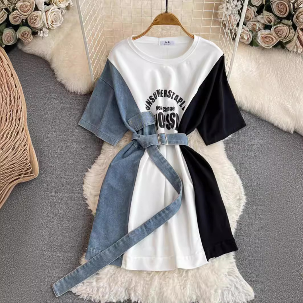 Women's Clothing Denim print splicing t shirt dress design round neck waist slimming a line dress_voghion.com