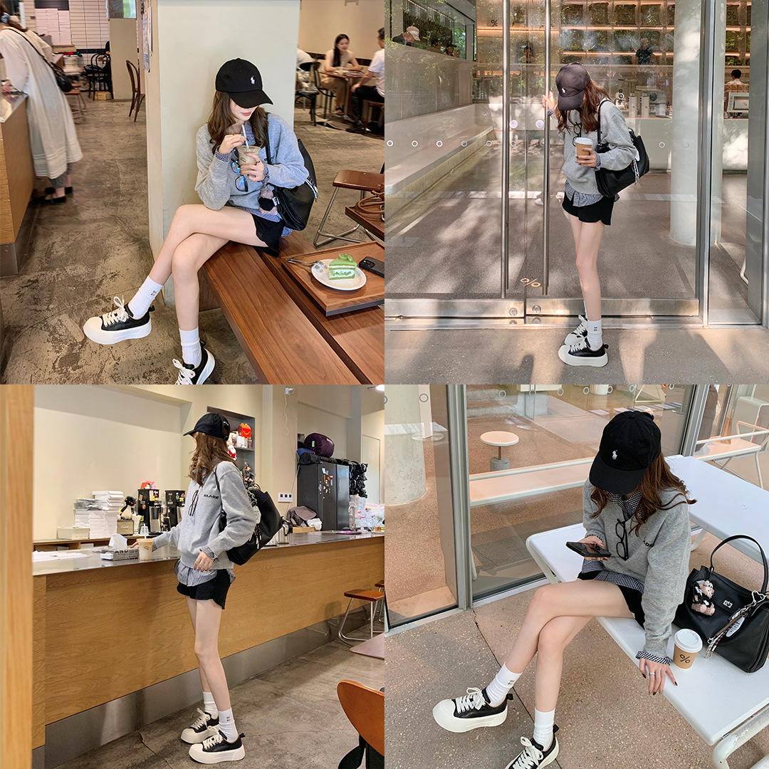 Versión de piel de vaca ~ Grape Madre con el mismo tipo de muffin de piel de caballo lavado con agua, zapatos de skate deportivos casuales de suela gruesa, zapatos blancos de altura para mujeres