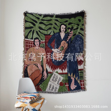 外贸亚马逊速卖通美式乡村棉麻风编织流苏双面线毯沙发装饰毯挂毯