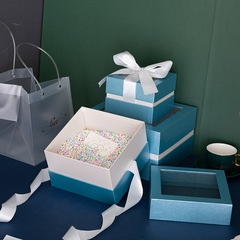 商務送禮蝴蝶結禮品盒 創意透明開窗橙色正方形天地蓋包裝盒